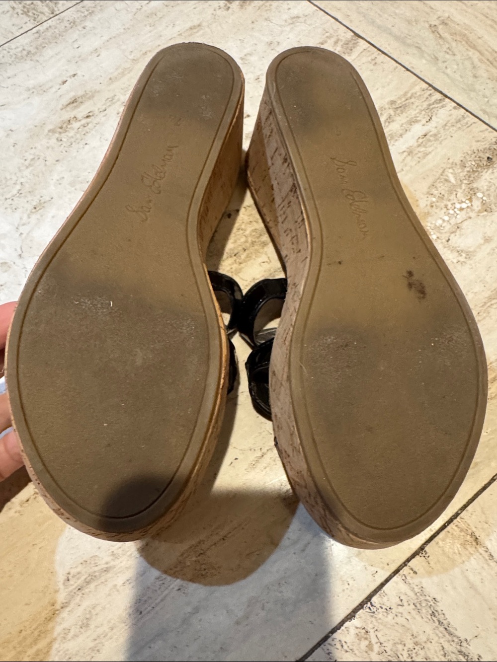 Sam Edelman Black Patent Cork Wedge Slide Sandals - Picture 6 of 8